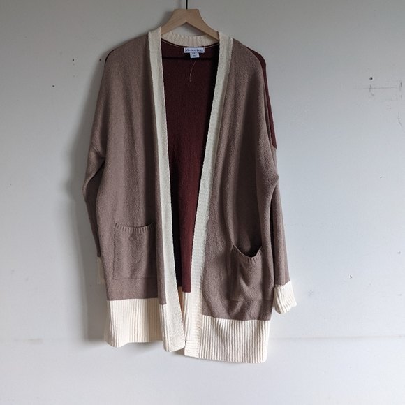 London Kage Brown Color Block Oversized Longline Open Front Cardigan - Picture 2 of 6
